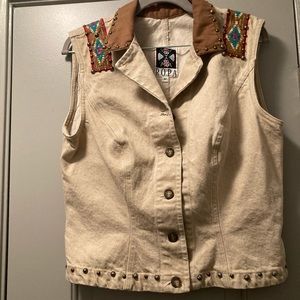 Hairston Roberson Ropa| Off White Denim Studded Embroidered Vest| Sz M
